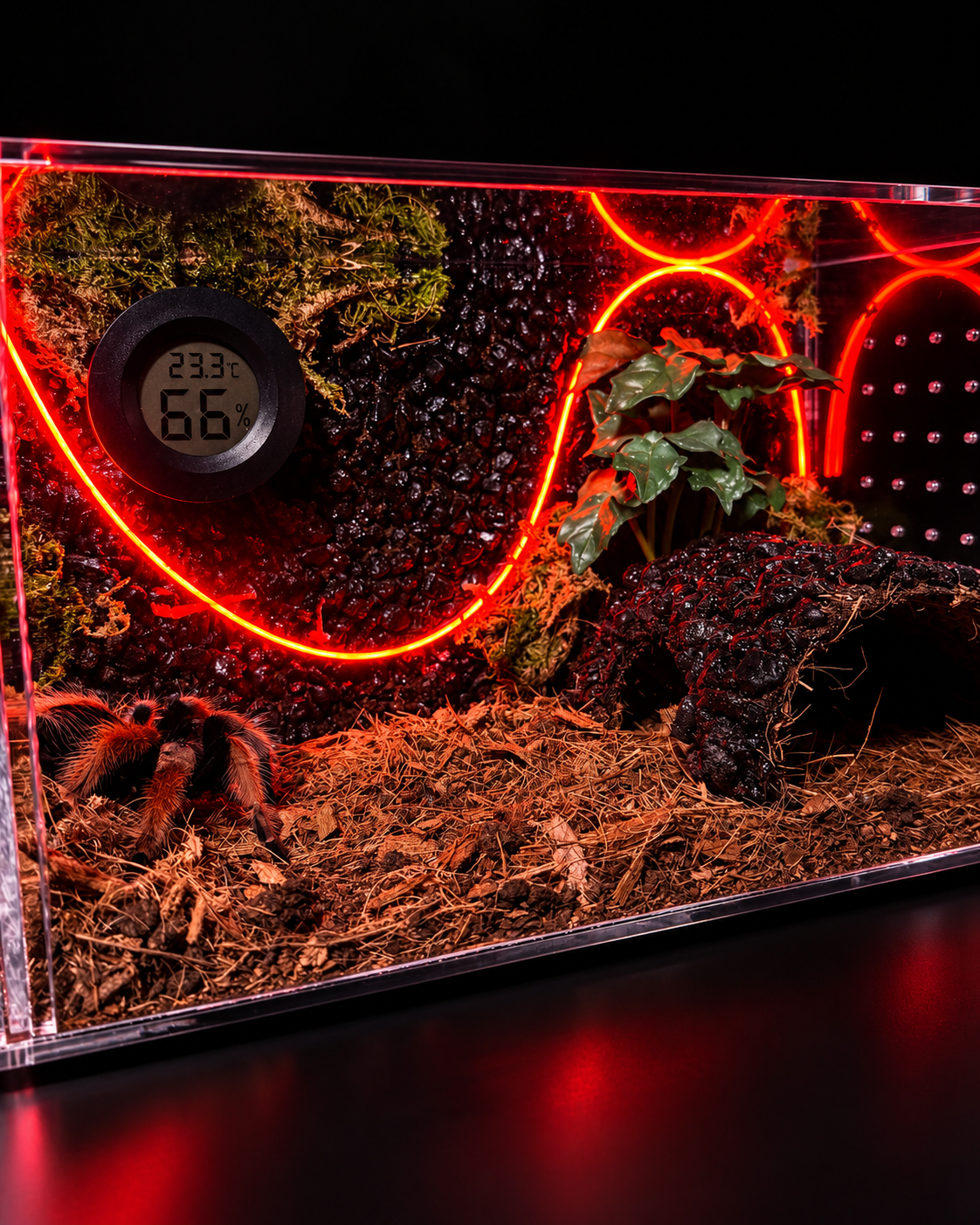Tarántula junto a un terrario horizontal con iluminación neón roja